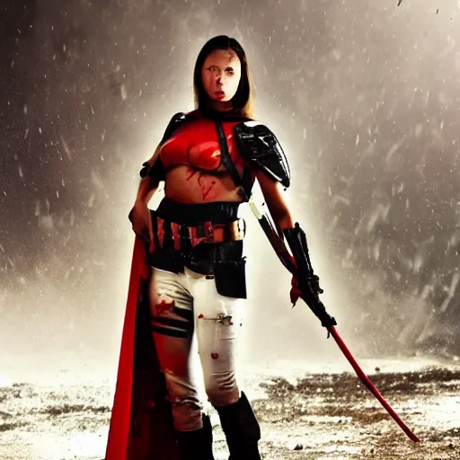 Prompt: a young female soldier wearing blood-spattered glossy sleek white dinged scuffed armor and a long torn red cape, heroic posture, determined expression, elegant, battle weary, no helmet, rain, jungle, dramatic lighting, cinematic, sci-fi, hyperrealistic, detailed