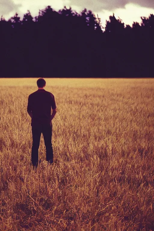 Image similar to agfa vista 4 0 0 photograph of a guy standing in a field of human skulls, back view, synth vibe, vaporwave colors, lens flare, moody lighting, moody vibe, telephoto, 9 0 s vibe, blurry background, grain, tranquil, calm, faded!,