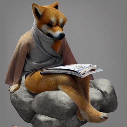 Prompt: a shiba inu monk reads a magazine on a rock, artstation