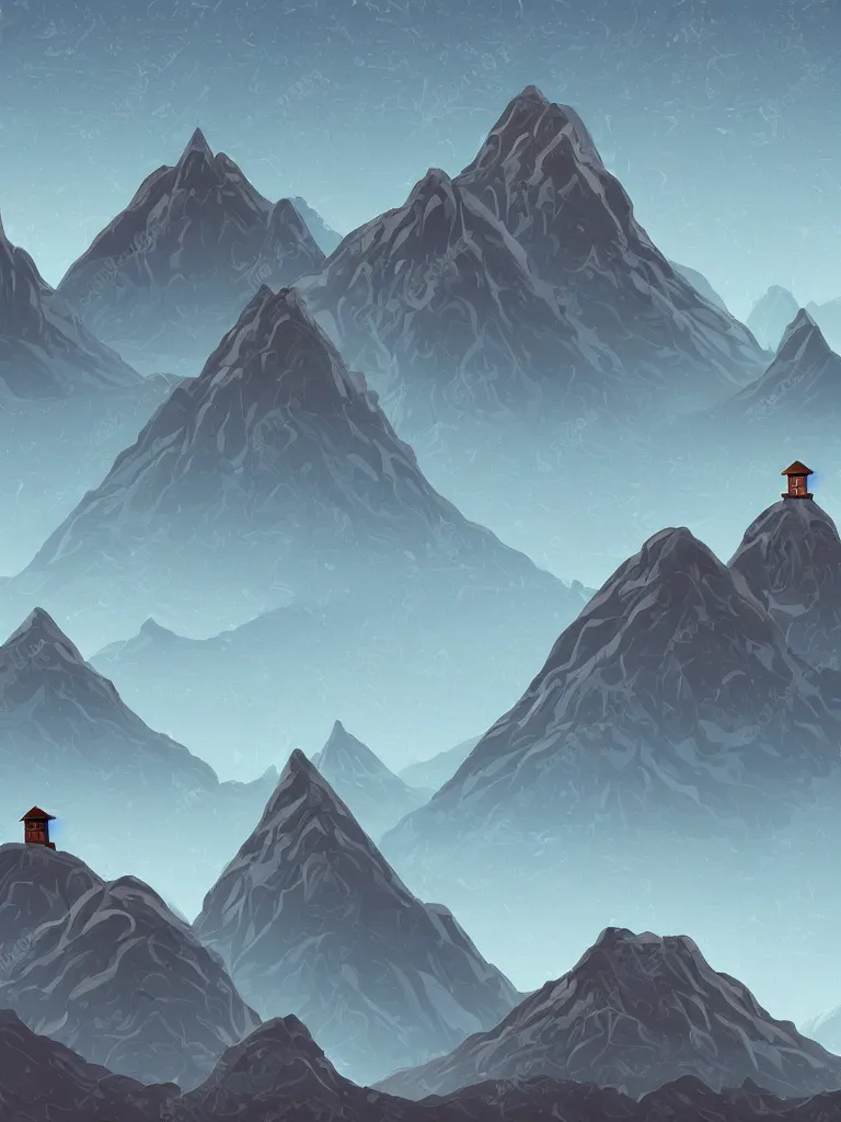 Image similar to surreal mountains with little house on top. vector by disney concept artists, blunt borders, rule of thirds