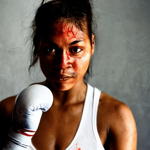 Image similar to close up portrait of woman boxer after boxing with brews blood sweating, photography photojournalism, very grainy image, 80mm lens, close up portrait polaroid