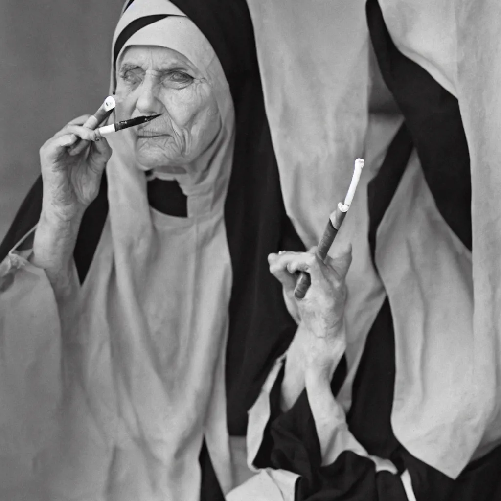 Image similar to a nun smoking a cigarette