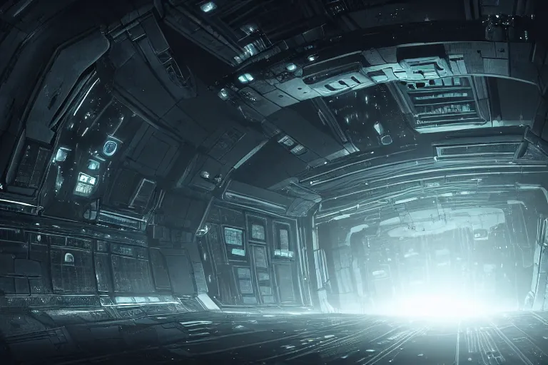 Image similar to a dark sci - fi scene of a spacecraft interior, corridor, rows of doors, sparks from ceiling lights in the style of dead space, cinematic,