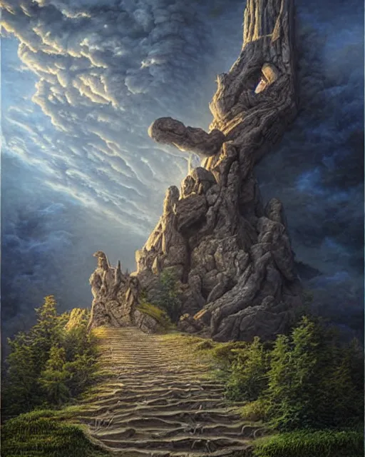 Prompt: Stairway to heaven by Tomasz Alen Kopera and salvator Dali and greg rutkowski, impressive perspective, I can't believe how detailled this is, masterpiece