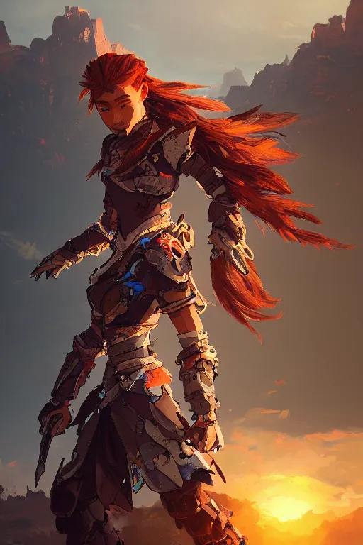 Image similar to combination suit armor aloy horizon forbidden west horizon zero dawn radiating a glowing aura global illumination ray tracing hdr fanart arstation by ian pesty and alena aenami artworks in 4 k tribal robot ninja mask helmet backpack