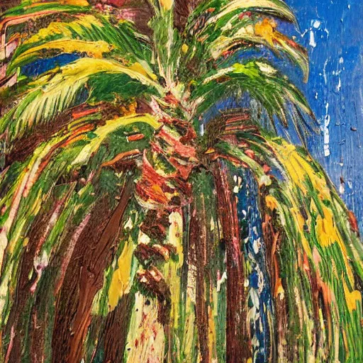 Prompt: oil paint impasto relief, painting of a palm tree in italy, multi layered thick brush marks, some splattered paint, in the style of monet and frank auerbach