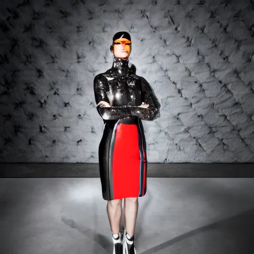 Image similar to big budget photoshoot of a model in futuristic prada clothes H 768