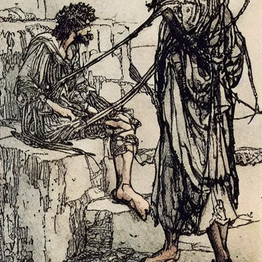 Prompt: Odysseus strings his bow, illustrated by Arthur Rackham