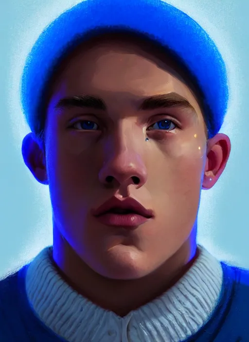 Image similar to portrait of high school senior boy named big moose, blonde short hair, jock, beefy, wide face, square jaw, square facial structure, blue varsity jacket with letter r, intricate, elegant, glowing lights, highly detailed, digital painting, artstation, concept art, sharp focus, illustration, art by wlop, mars ravelo and greg rutkowski