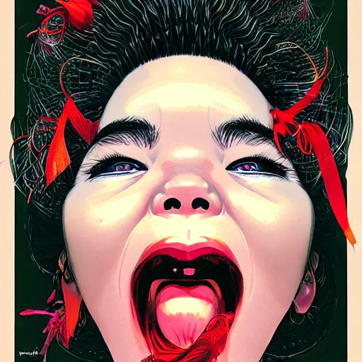 Image similar to portrait of crazy screaming beautiful singer bjork, big ribbon, ymmetrical, by yoichi hatakenaka, masamune shirow, josan gonzales and dan mumford, ayami kojima, takato yamamoto, barclay shaw, karol bak, yukito kishiro