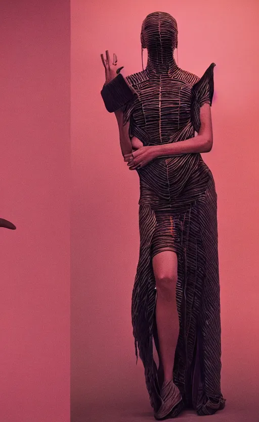 Image similar to Fashion photography of a woman wearing an outfit inspired by Dune (2021), artistic photography, cinematic lighting, insanely detailed, cinestill 800t, Vogue magazine