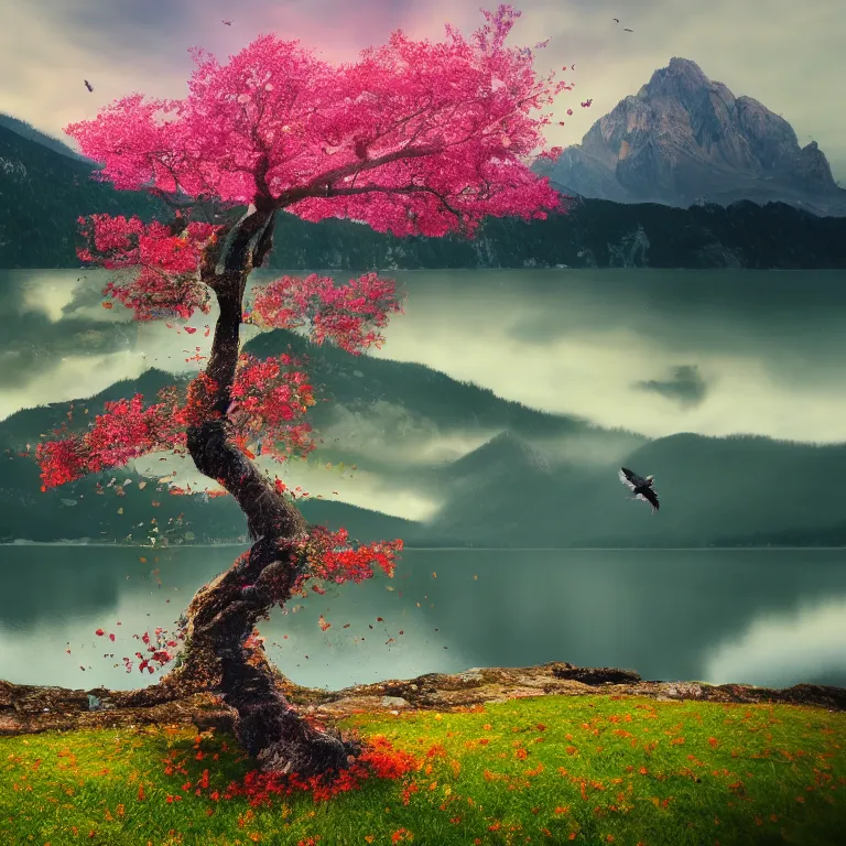 Prompt: a beautiful awesome artistic tree in the summer with falling flowers like leaves and many birds, all in the amazing outdoors view, mountain in the background, lake, long exposure, 8 k resolution, trending on artstation