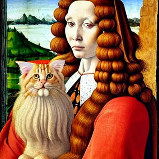 Image similar to beautiful renaissance painting portrait of ginger maine coon with white beard by sandro botticelli, jan van eyck, tiziano vecelli, piero della francesca