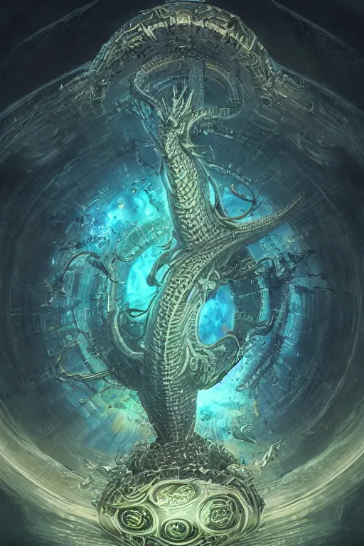 Prompt: a centered render of an ancient futuristic elden ring dragon with digital modifications surrounded by a underwater ink pour and flowing liquid gallium and complex sacred geometry, perfect body and face, powerful, cinematic, beautifully lit, by john howe, by beeple, by artgerm, by brian froud, 3 d, trending on artstation, octane render, 8 k