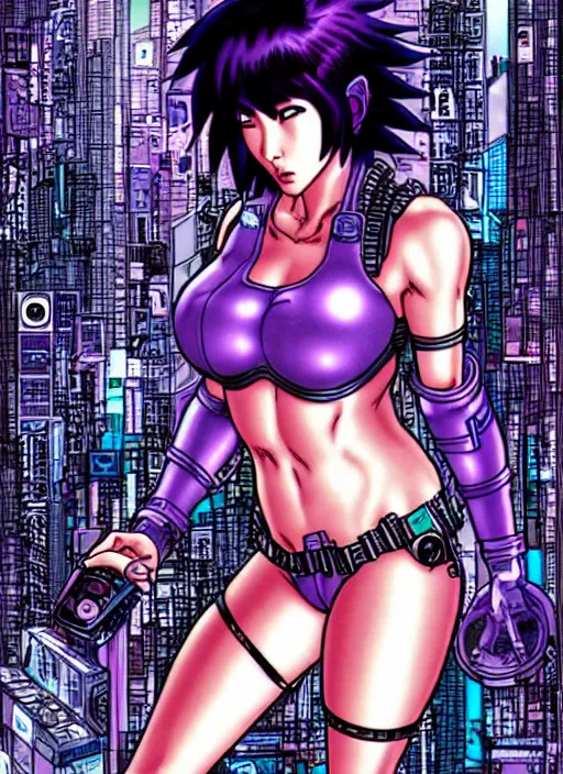 Image similar to motoko kusanagi in grungy cyberpunk megacity, intricate and finely detailed, cyberpunk vaporwave, portrait by j scott campbell