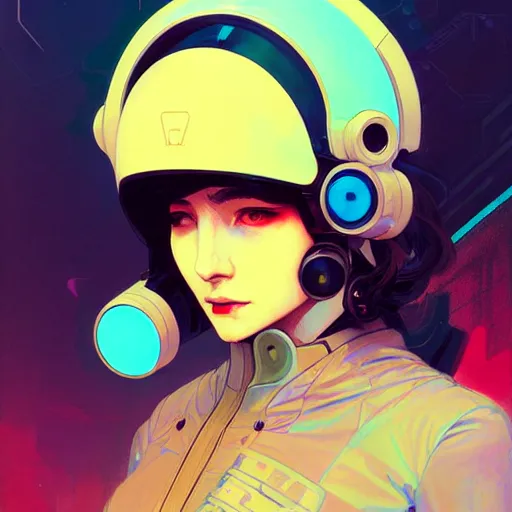 Prompt: a beautiful painting of a cyberpunk girl with a helmet by sachin teng! and pascal blanche and alphonse mucha! and ruan jia! and josan gonzalez!. in style of conceptual art. colorful comic, film noirs, akira, brush stroke, vibrating colors, hyper detailed. octane render. trending on artstation