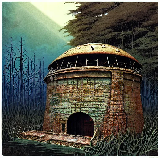 Image similar to pillbox paragonpunk fortress half-sunk in a noxious Swamp, by Colleen Doran and by Angus McBride and by Ted Nasmith, low angle dimetric rendering, centered, 3-point perspective