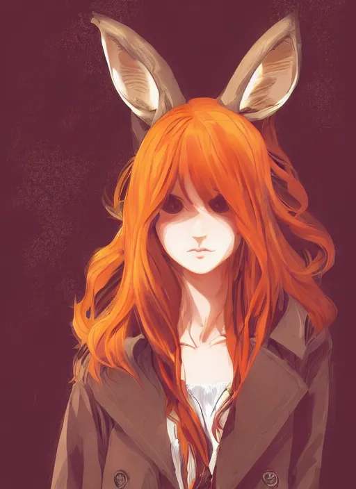 Prompt: girl with fox ears, tired eyes, long wavy orange hair, light brown trenchcoat, forest background, focus on face, pretty, moody lighting, painterly, illustration by shigenori soejima