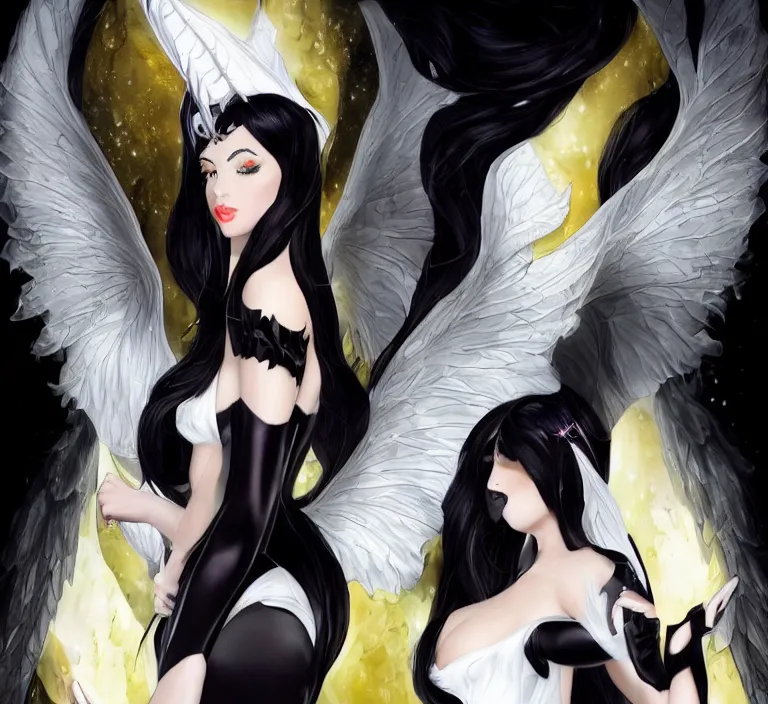Image similar to An impeccable beauty, Albedo is a woman with lustrous jet-black hair and the face of a goddess. She has golden irises and vertically split pupils; on her left and right temples are two thick horns protruding crookedly, and on her waist are a pair of black angel wings. Albedo wears a pure white dress with silky gloves covering her slender hands and a golden spiderweb necklace that covers her shoulders and chest. In combat, she wears an impressive black full plate armor with a unique helmet and carries a battle-axe with her. Octane Render, Photorealistic Render, Hyper realistic, Noir