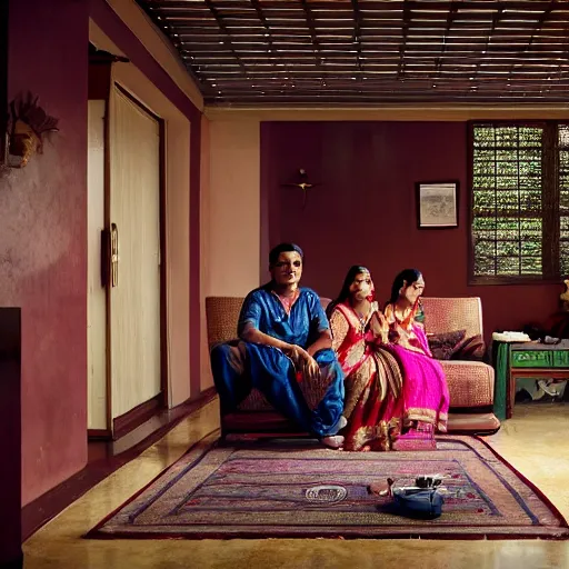 Image similar to a cinematic photograph of an Indian family inside their suburban house, by Gregory Crewdson, shot on phase one large format digital camera, natural lighting, 8K,