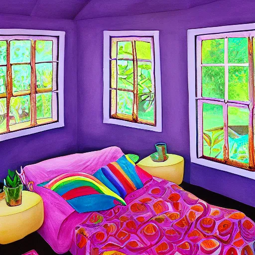Image similar to interior of cozy queer geodesic dome bedroom with flowers, iridescent windows, hyperrealistic fine art gouache painting