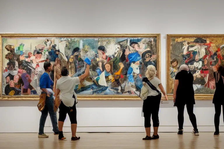 Prompt: a group of people destroying a museum art show