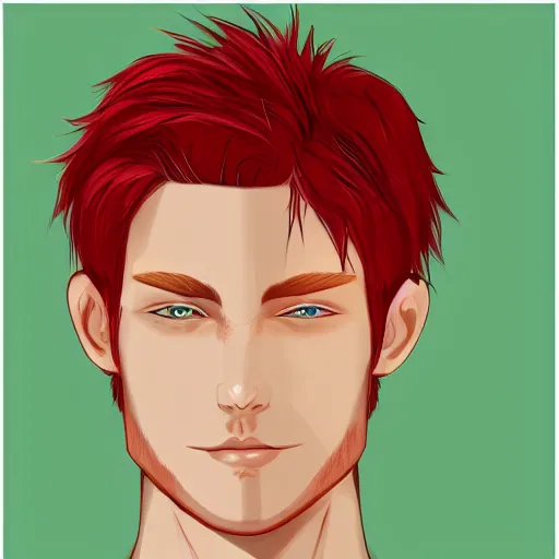 Prompt: professional digital art of a healthy man with red hair and green eyes, popular, attractive, high quality, highly detailed, hd, 4 k, 8 k,