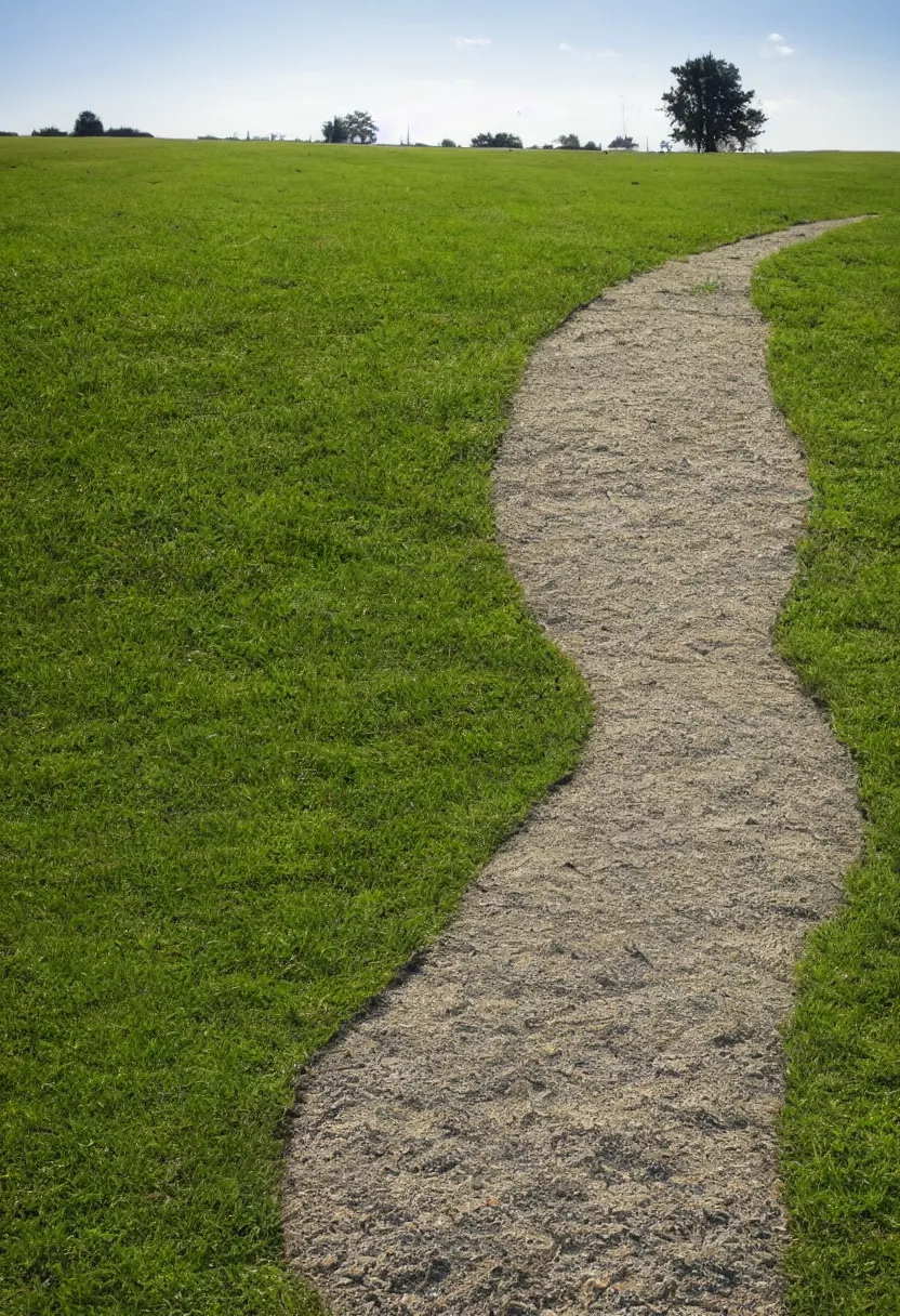 Prompt: a completely straight concrete path ends in the middle of a grassy plain, sunny