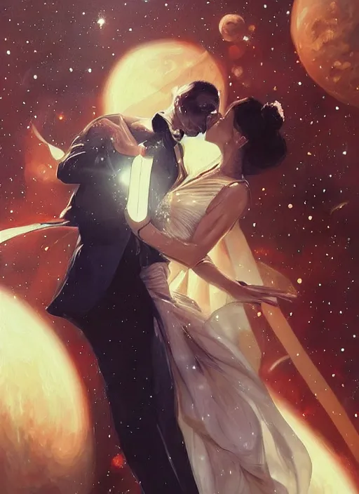 Image similar to an elegant couple, a man and a woman, dance together at a space themed ball. beautiful highly detailed faces. painting by artgerm and greg rutkowski and magali villanueve.