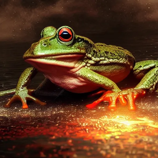 Prompt: a frog in an energy flows of water and fire. a highly detailed epic cinematic concept art cg render