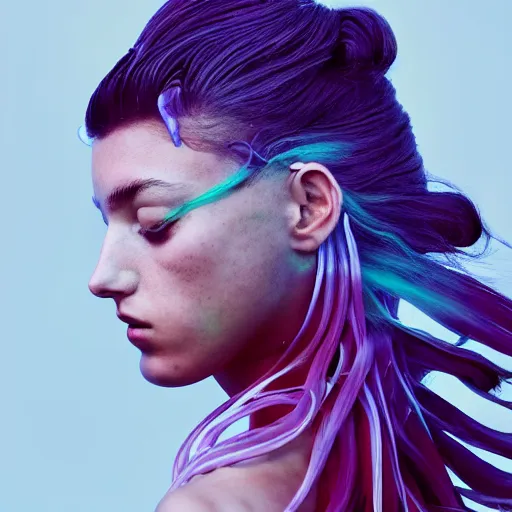 Prompt: flume and former cover art future bass girl un wrapped statue bust curls of hair petite lush side view body full body photography model full body untouched raw natural beauty art contrast french pose vibrant futuristic fabric only skin jellyfish material style of Jonathan Zawada, Thisset colours simple background objective