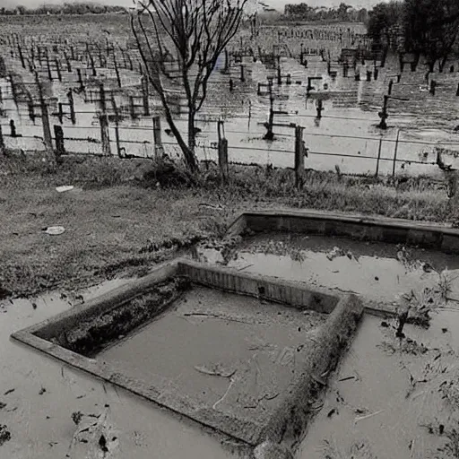 Image similar to The print shows a grave that has been flooded with water. The grave is located in a cemetery in Italy. The water in the grave is dirty and there is trash floating in it. The grave is surrounded by a fence. 1990s by Genndy Tartakovsky offhand, curvaceous