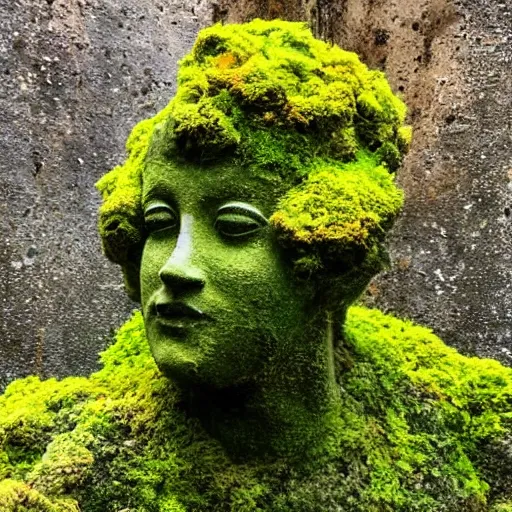 Prompt: statue with very yellow moss and yellow plants