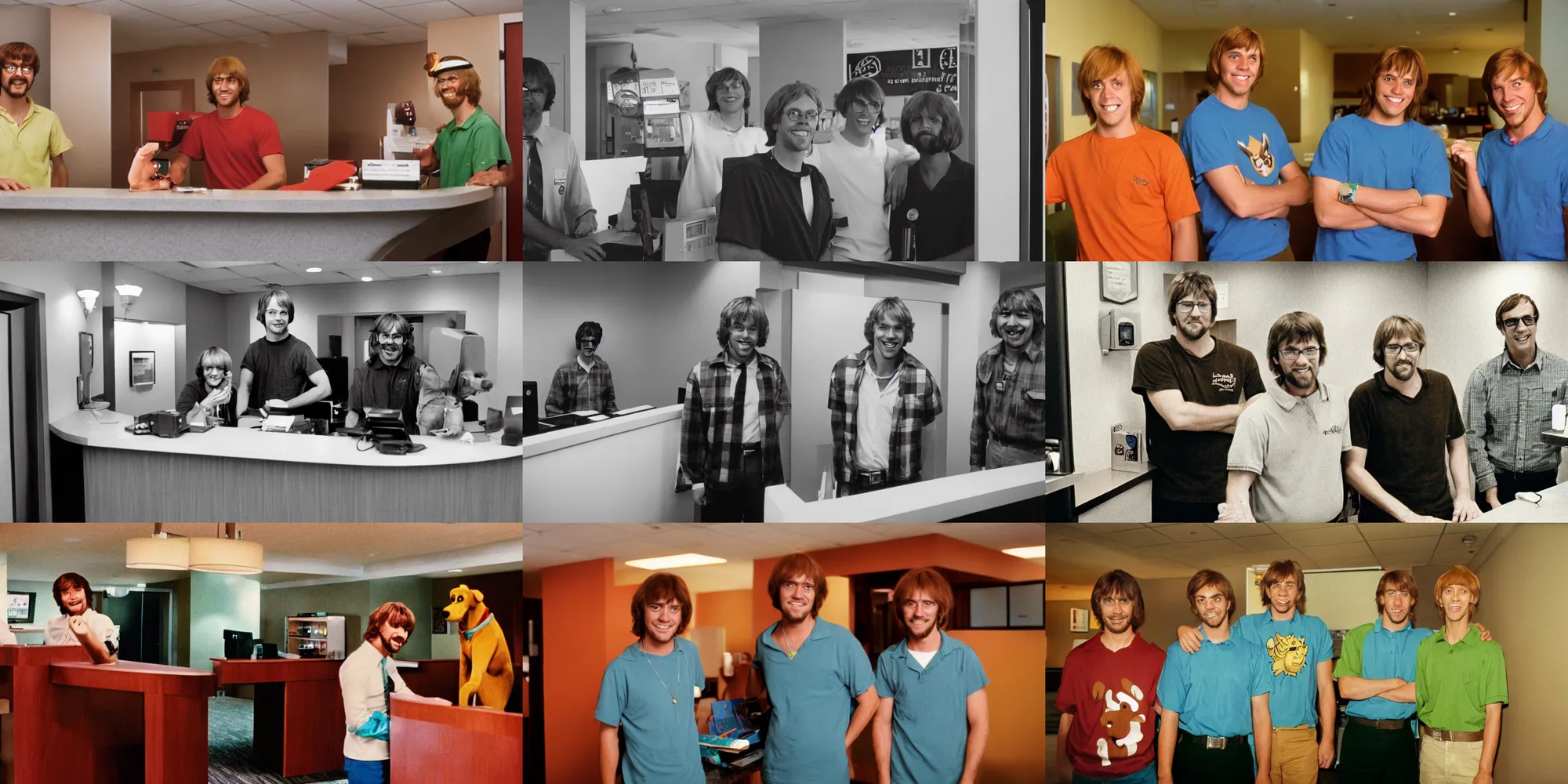 Prompt: shaggy and scooby doo working the front desk at a hampton inn, cinestill 8 0 0 t, 1 9 8 0 s movie still, film grain