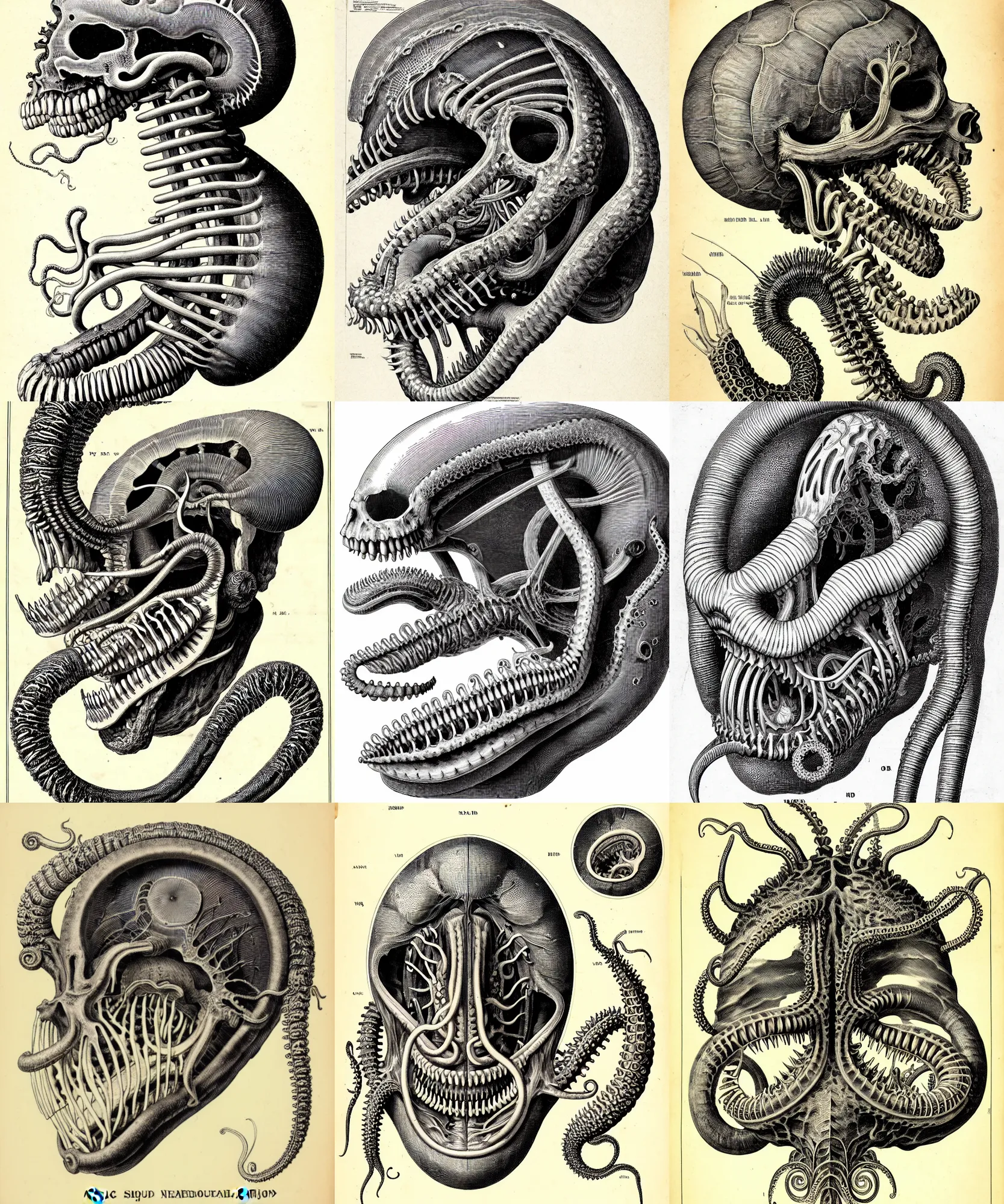 Prompt: hyper-detailed antique medical illustration of Kaiju head crosssection, nautilus brain, ribcage, xhenomorph, with tentacles coming out of open mouth and exposed jaw bone, symmetrical