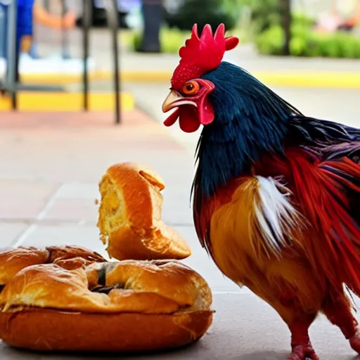 Prompt: telekinetic rooster fighting crime while eating a bagel