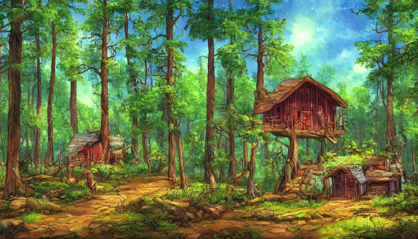 Image similar to a clearing in a forest with a cabin, Disney cartoon, animation, high detail, colorful