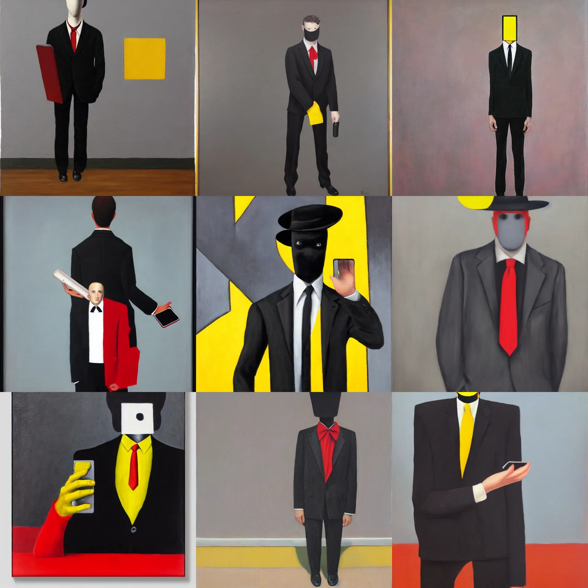 Prompt: front view oil painting of a man with a phone replacing his face, wearing black grey suit, red tie, black pants, dark shoes, yellow background, inspired by the son of man painted by rene magritte