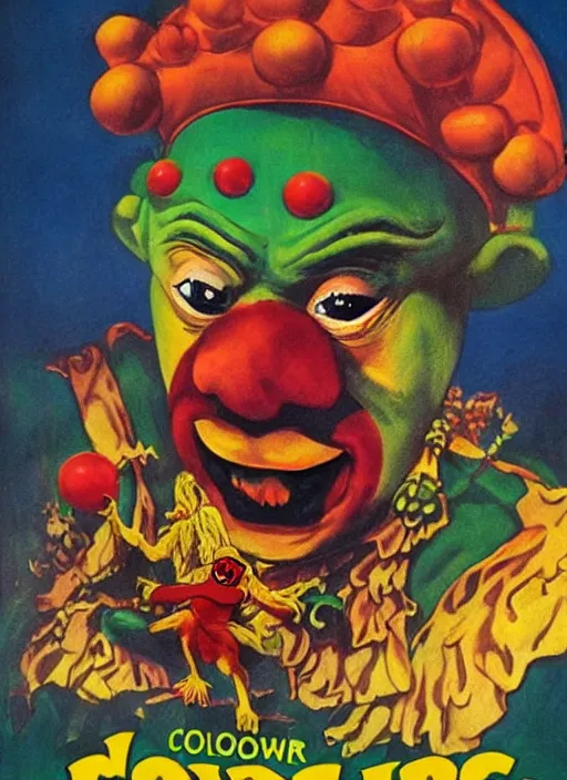 Image similar to Clown Frog King, the movie, poster art by Frank Frazetta, Clown frog king pepe reigns over the battlefield, rainbow wig and clown nose