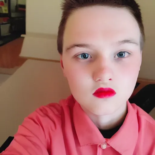 Prompt: 1 0 year old boy with big red lips, pink face, thin eyebrows, puffy cheeks, low quality, selfie