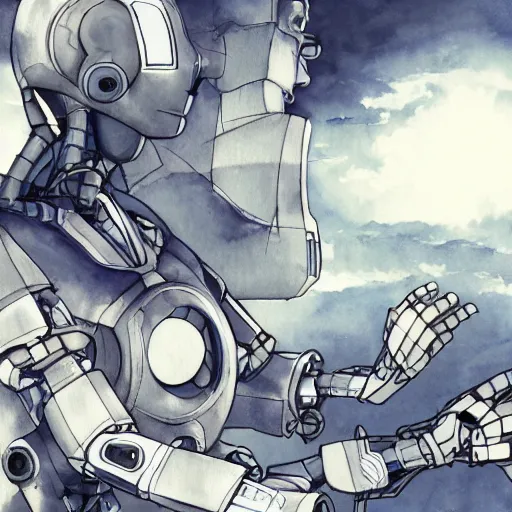 Image similar to a broken robot fixing itself, anime, pencil lines, light watercolour painting, pale sky, beautiful artwork, anime screenshot, tokyo