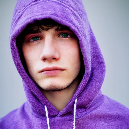 Image similar to close up of face of a 1 8 year old man, with white hair, green eyes, wearing a purple hoodie, lazy, 8 5 mm f / 1. 4