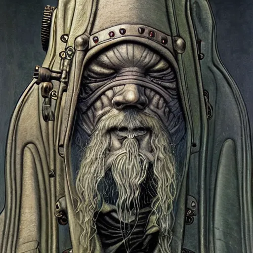 Prompt: steampunk concrete gandalf designed by h. r. giger, architecture, painted by moebius, jean - michel charlier, colorful, extremely detailed faces, intricate linework, smooth, super sharp focus, high contrast, matte