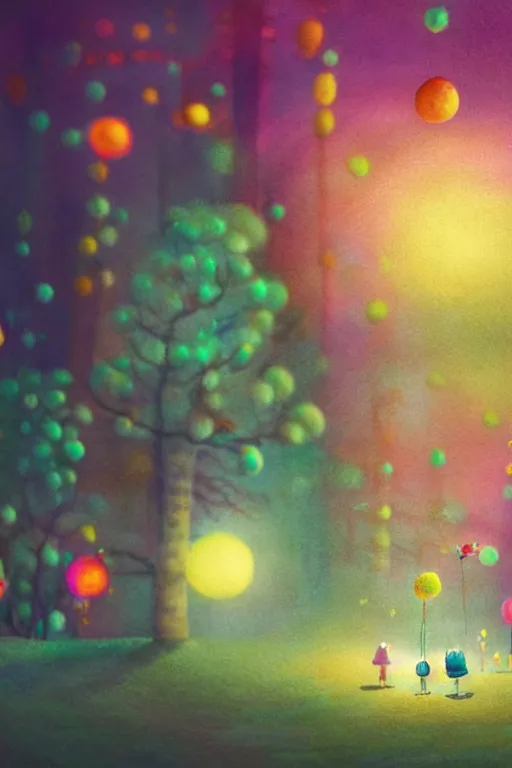 Prompt: a matte digital painting of a candy forest at night, bokeh, bright colours, watercolor, volumetric wool felting, macro photography, children illustration, by goro fujita