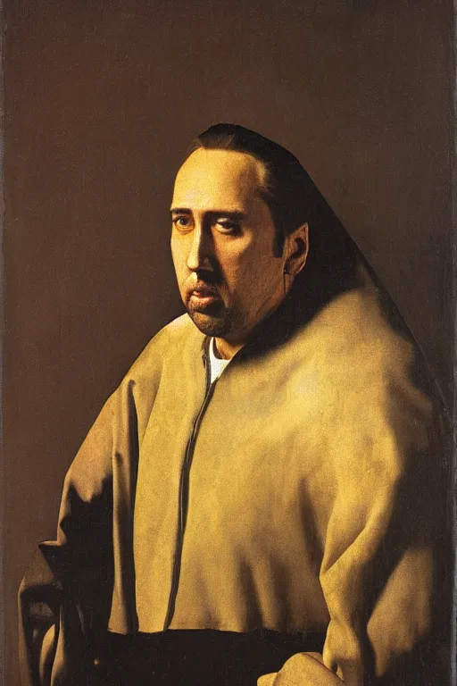 Image similar to portrait of Nicholas Cage by Johannes Vermeer, epic lighting