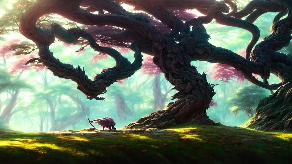Image similar to forest landscape, pastel color tones, fantasy, elegant, highly detailed, digital painting, artstation, concept art, smooth, sharp focus, illustration, wide angle, artbook, splash art, promo art, soul calibur, league of legends, art by artgerm and greg rutkowski and bo chen and jin xiaodi