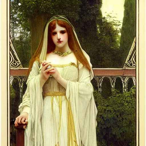 Prompt: A girl with on the front of a Balustrade porch with a hedge maze on the background, major arcana occult clothes, by paul delaroche, alphonse mucha and arnold böcklin arnold böcklin hyperrealistic 8k, very detailed