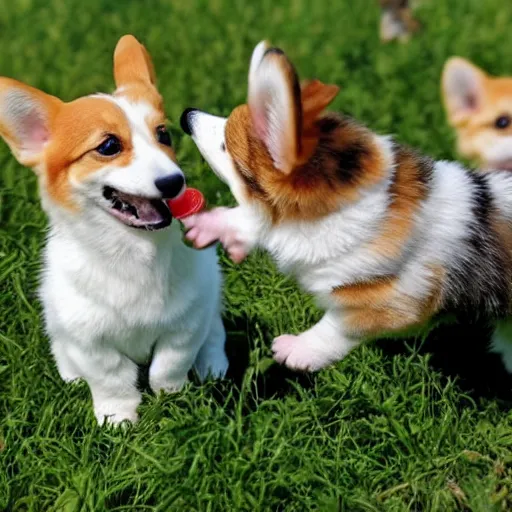 Image similar to Corgi puppies playing with kittens and bread at the field full of forget-me-not flowers