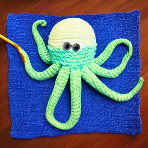 Prompt: a yarn octopus swimming in a yarn ocean under a yarn full moon