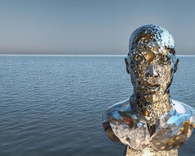 Prompt: a human head metal and glass sculpture on the sea, in the style of chad knight, hyper detailed, hyper realistic, ray tracing, 8 k resolution, sharp focus